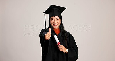 Buy stock photo Thumbs up, graduation and diploma with portrait of asian woman in studio for success, college degree or award. Achievement, education and university student with person on white background for mockup