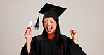 Scream, graduation and diploma with asian woman in studio for success, college degree or award. Achievement, education and university student with excited person on white background for mockup space