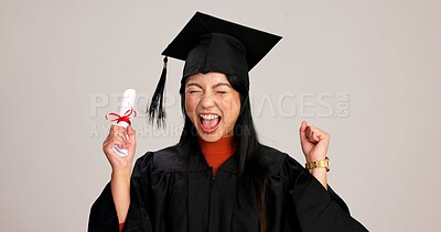 Buy stock photo Scream, graduation and diploma with asian woman in studio for success, college degree or award. Achievement, education and university student with excited person on white background for mockup space