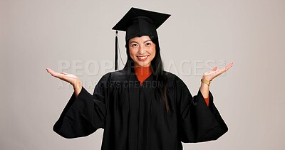 Buy stock photo Hands, graduation and choice with portrait of asian woman in studio for success, college degree or decision. Option, education and university student with person on white background for mockup space