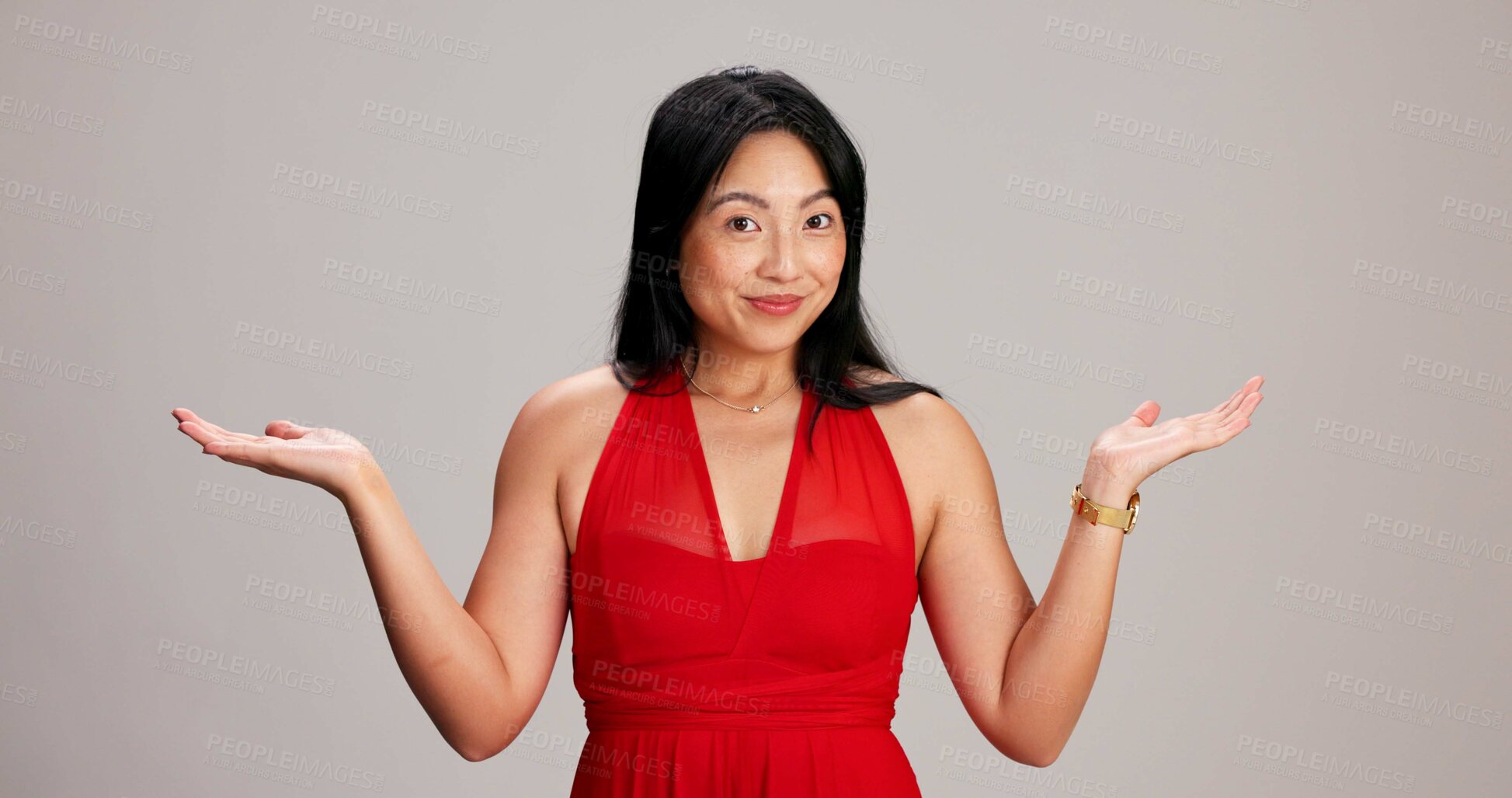 Buy stock photo Choice, mockup and offer with portrait of woman in studio on white background for decision or promotion. Comparison, versus info or selection and Asian person with space for advertising or marketing