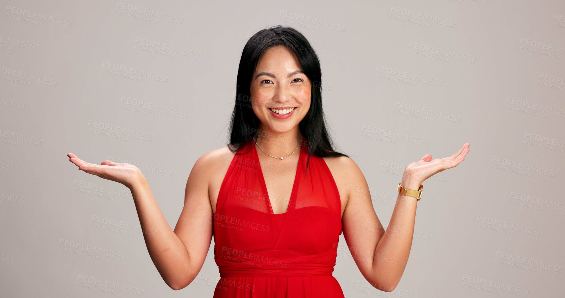 Buy stock photo Comparison, mockup and offer with portrait of woman in studio on gray background for decision or promotion. Choice, info or selection and Asian person in red with space for advertising or marketing