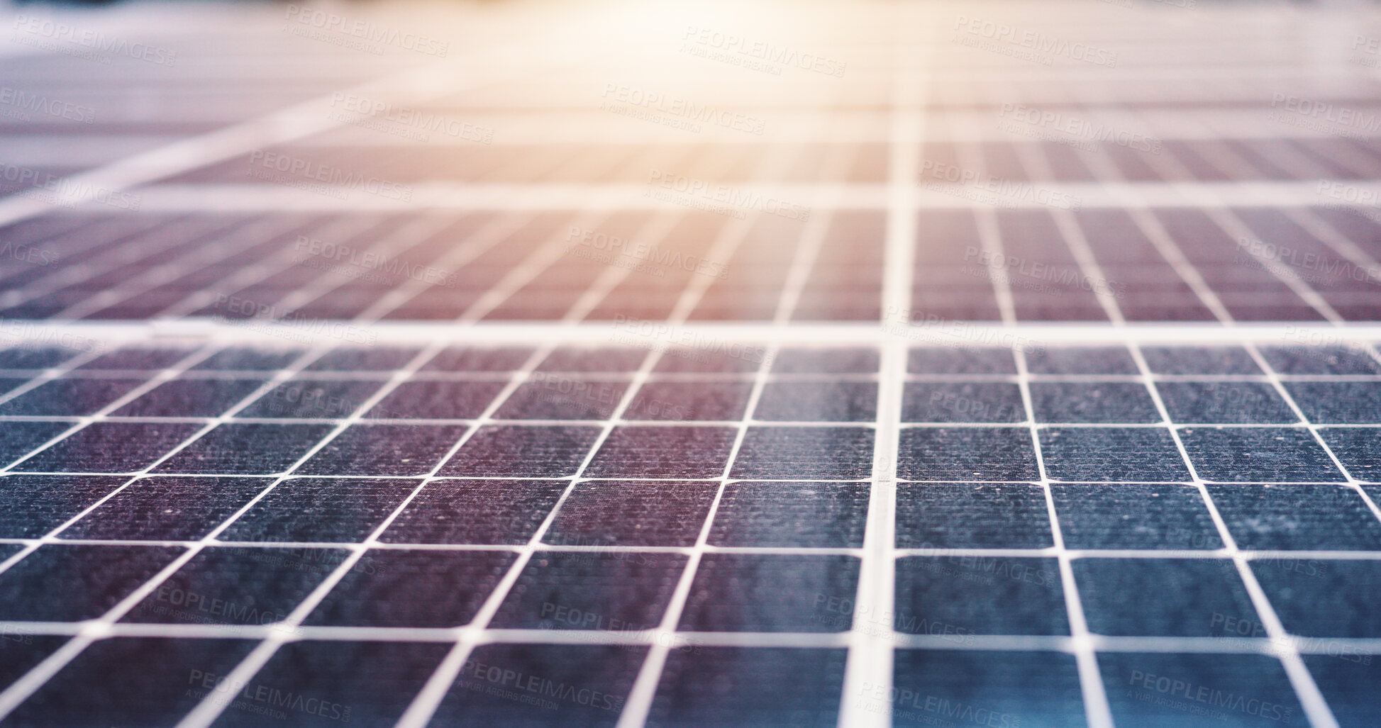 Buy stock photo Closeup, lens flare and solar panel with sustainable electricity, eco friendly and clean production. Photovoltaic cell, grid and generation at renewable power station, alternative system and empty