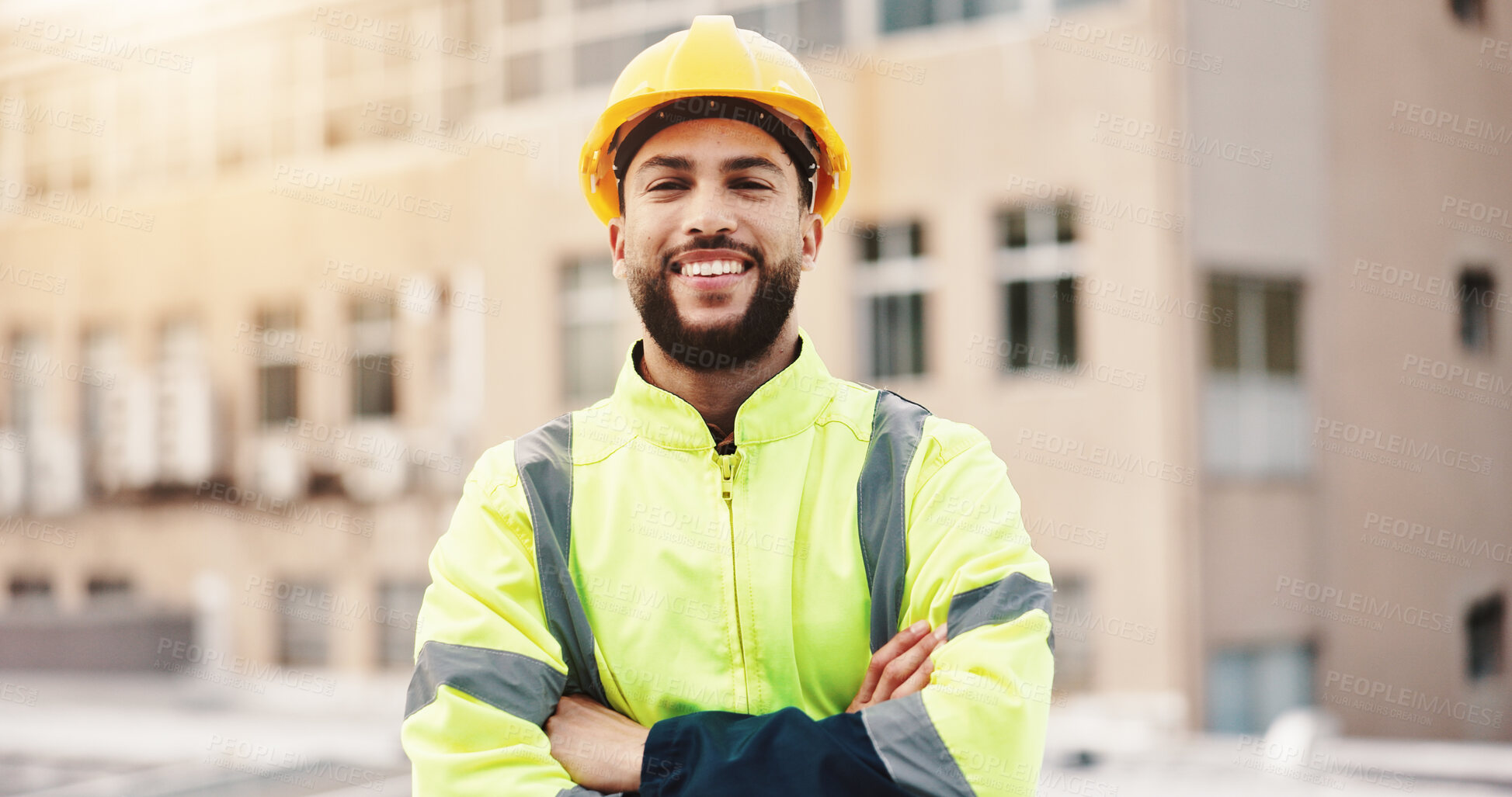 Buy stock photo Portrait, engineer and man with construction site, arms crossed and project management with smile. Person, architecture or employee with hard hat, safety or building renovation with goals or pride