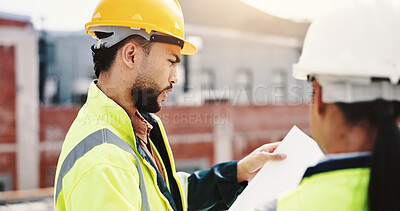 Buy stock photo Reading, construction site or people with blueprint for inspection, urban development or planning in city. Man, woman or contractors with floor plan paperwork for town building layout or architecture