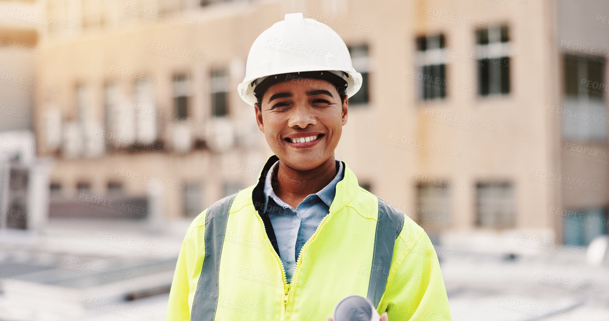 Buy stock photo Portrait, engineer and woman with construction site, helmet and confidence with smile. Person, architecture or employee with hard hat, safety or project management for renovation, goals or blueprints