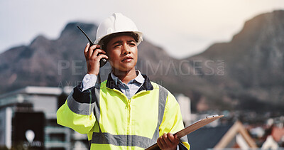 Buy stock photo Man, engineer and construction with checklist, radio and listening for development or project. Male person, clipboard and tech for communication, safety and infrastructure in industry or inspection