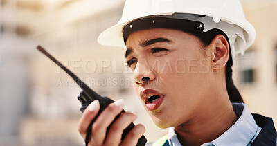 Buy stock photo Radio, construction and talking with woman in city for architecture, building site or communication. Engineer, contractor and project manager with person in outdoor for urban development update