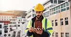 Writing, engineer and clipboard with man in city for architecture, building or inspection. Construction site, contractor and project manager with person in outdoor for urban development update