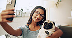 Happy, dog and selfie with woman on sofa for bonding, social media post or pet adoption. Photography, relax and animal rescue with person in living room at home for foster care, picture or online