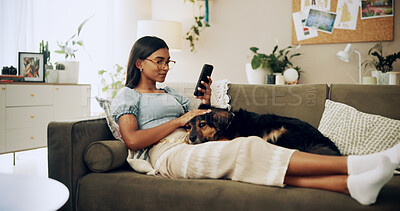 Buy stock photo Calm, dog and phone with woman on sofa for bonding, social media post and pet adoption. Relax, scroll and animal rescue with person in living room at home for foster care, search and online app