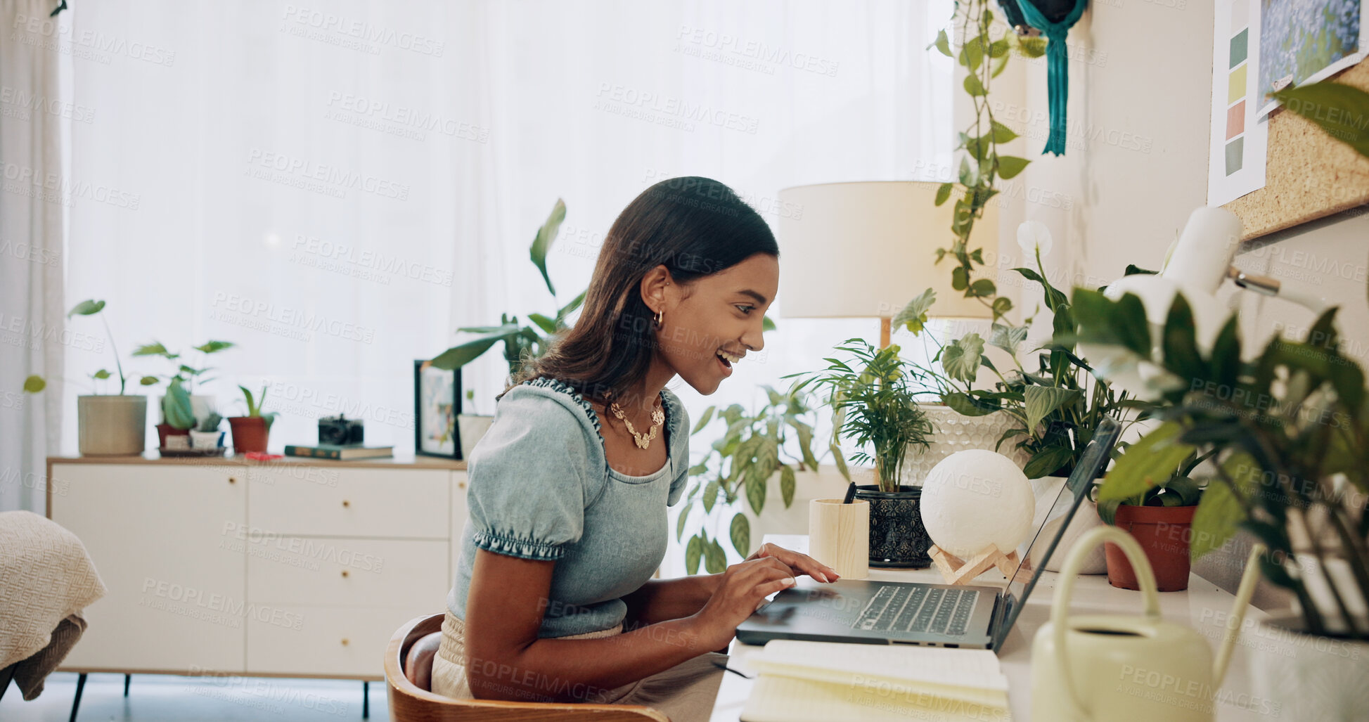 Buy stock photo Happy, freelancer and laptop with woman in home office for social media, communication and blog post. Research, contact and networking with person or remote worker for ebook, writer and connection