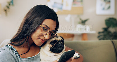 Buy stock photo Relax, dog and phone with woman on sofa for bonding, social media post and pet adoption. Happiness, scroll and animal rescue with person in living room at home for foster care, search and online app