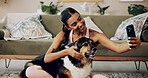 Hug, home and woman with dog, selfie and bonding together with embrace in living room. Apartment, person and girl on carpet, happiness and cheerful with service animal, companion and profile picture