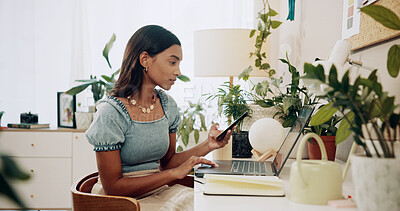 Buy stock photo Phone, typing and laptop with woman in home office for social media, communication and blog post. Research, contact and networking with person or remote worker for ebook, writer and connection