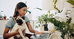 Dog, research and laptop with woman in home office for social media, communication and pet adoption blog. Typing, animal rescue and website with person or remote worker for writer and online post