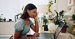 Remote work from home, headache and woman with laptop, fatigue and illness. Person, copywriting and entrepreneur with computer, migraine and exhausted with pain, tension and overworked with stress