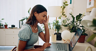 Buy stock photo Remote work from home, headache and woman with laptop, fatigue and illness. Person, copywriting and entrepreneur with computer, migraine and exhausted with pain, tension and overworked with stress