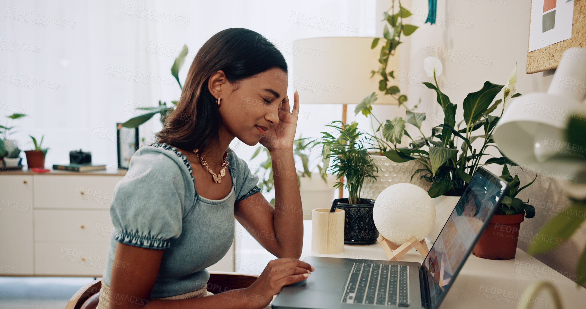 Buy stock photo Remote work from home, headache and woman with laptop, fatigue and illness. Person, copywriting and entrepreneur with computer, migraine and exhausted with pain, tension and overworked with stress