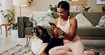 Happy woman, phone or dog in home for social media, pet training app or relax on floor. Fitness girl, animal or mobile in apartment living room for yoga break, adoption agency review or communication