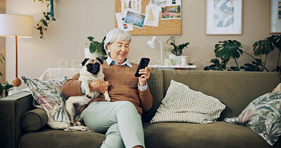 Buy stock photo Senior woman, home and dog with mobile phone, affection and bonding for love, companion and play. Female person, pet care and emotional support in living room for happiness, joy and kindness as owner