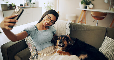 Buy stock photo Smile, dog and selfie with woman on sofa for bonding, social media post or pet adoption. Photography, relax and animal rescue with person in living room at home for foster care, picture or online app