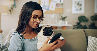 Buy stock photo Scroll, dog and phone with woman on sofa for bonding, social media post and pet adoption. Happiness, reading and animal rescue with person in living room at home for foster care, search or online app