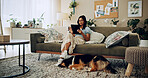 Woman, home and dog with tablet, reading and online for bonding with love, companion and peace. Female person, tech and pet care for emotional support in living room for happiness, streaming or relax