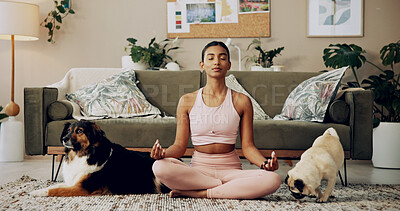 Buy stock photo Yoga, meditation or Indian woman in home with lotus, lotus pose for mental health in lounge. Spiritual wellness, relax or zen yogi with calm peace, mindfulness or awareness with pug, pets or animals