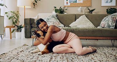 Buy stock photo Hug, house and woman on floor, dog and bonding together with happiness in living room. Apartment, person and girl on carpet, embrace and best friend in lounge, cheerful and service animal with joy