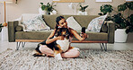 Hug, house and woman with dog, selfie and bonding together with best friend in living room. Apartment, person and girl on carpet, embrace and cheerful with service animal, joyful and profile picture