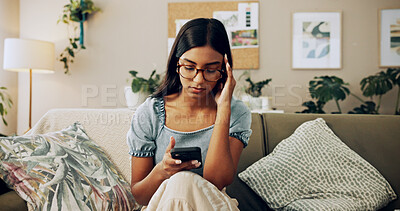 Buy stock photo House, stress and woman with smartphone, headache and mistake with communication. Person, apartment and girl on couch, mobile user and cellphone with migraine, online reading and error message