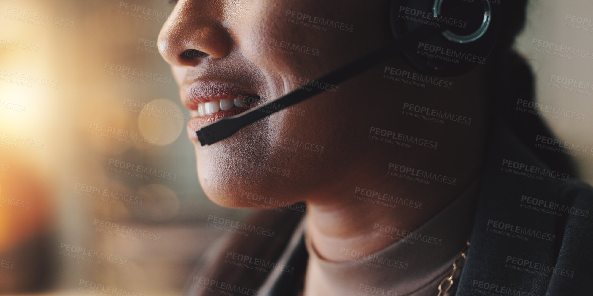 Buy stock photo Call center, mouth and support with woman in communication office for virtual assistance. Contact us, customer service or help and happy person with headset at work for night shift consulting closeup