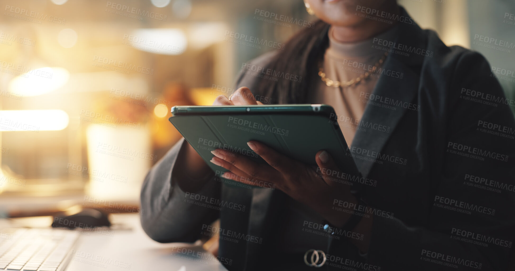 Buy stock photo Research, tablet and hands of business woman in office for website, networking and project proposal. Digital, planning and connection with closeup of person at night for feedback, online and typing