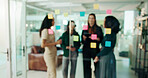 Blur, scrum and project management with business people in office for schedule, teamwork and task progress. Meeting, timeline and workshop with employees for sticky note, training and moodboard