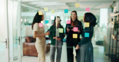 Buy stock photo Blur, scrum and project management with business people in office for schedule, teamwork and task progress. Meeting, timeline and workshop with employees for sticky note, training and moodboard