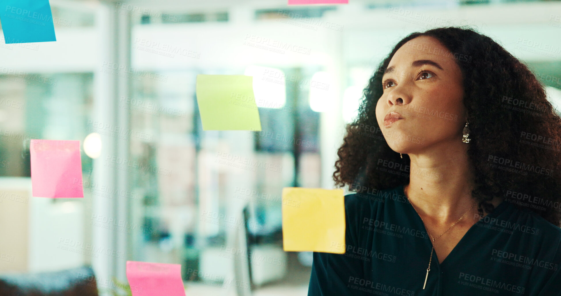 Buy stock photo Business woman, thinking or schedule planning with glass board for task, agenda or reminder at office. Female person, thoughtful employee or creative with sticky note for project decision or solution