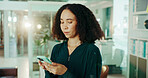 Woman, phone and research in office for business, reading and connectivity at window. Admin manager, mobile and scroll in agency for networking, schedule update or communication in email for planning