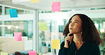 Woman, thinking and schedule planning with glass board for tasks, agenda or reminder at office. Female person, thoughtful or business employee with wonder or ideas for solution, project or decision