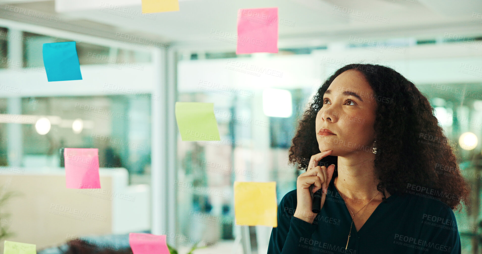 Buy stock photo Woman, thinking and schedule planning with glass board for tasks, agenda or reminder at office. Female person, thoughtful or business employee with sticky note for solution, project or decision