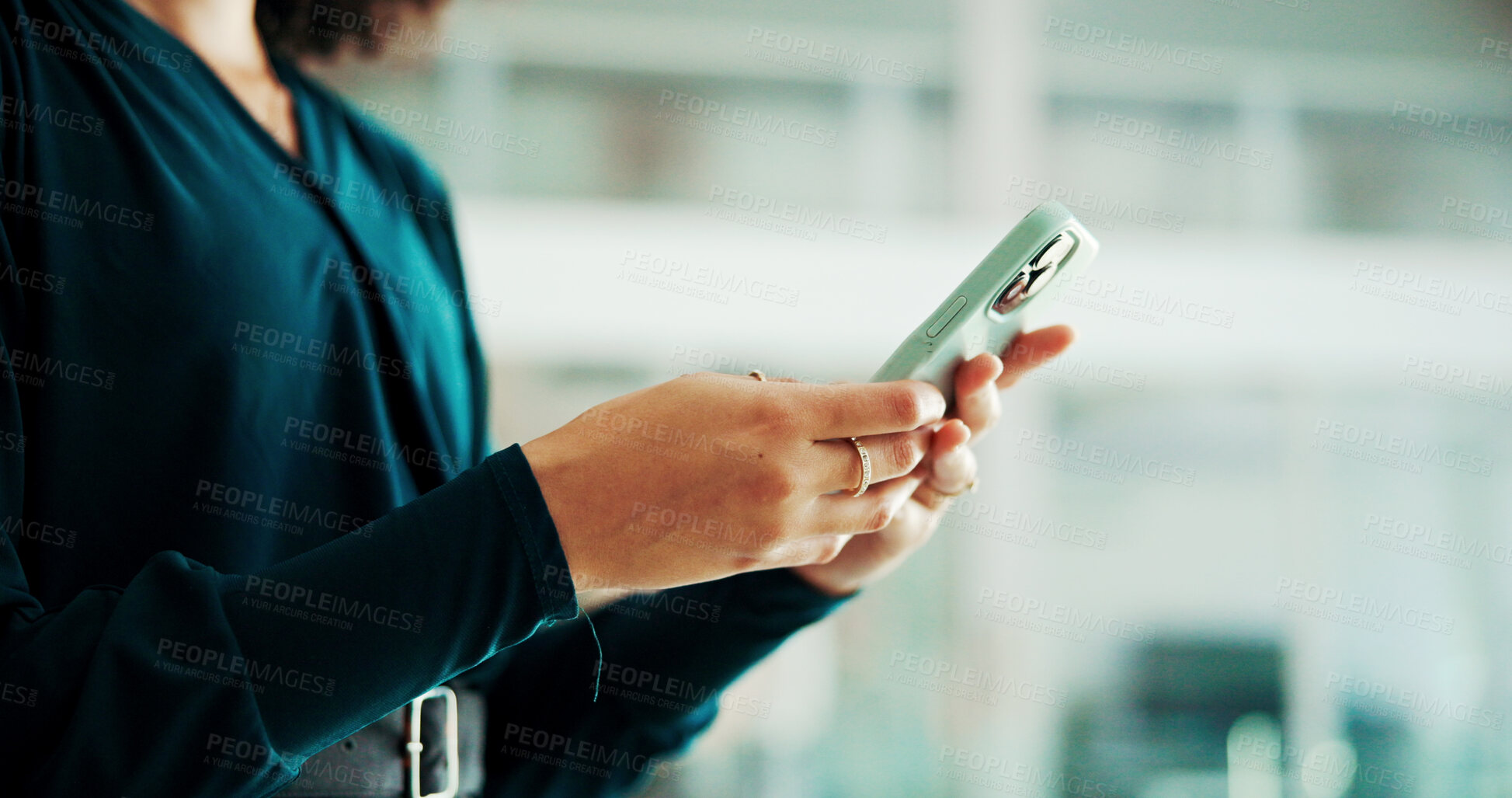 Buy stock photo Phone, digital and hands of business woman in office for account manager, financial advisor and stock market news. Communication, app and search with closeup of person in corporate firm for update