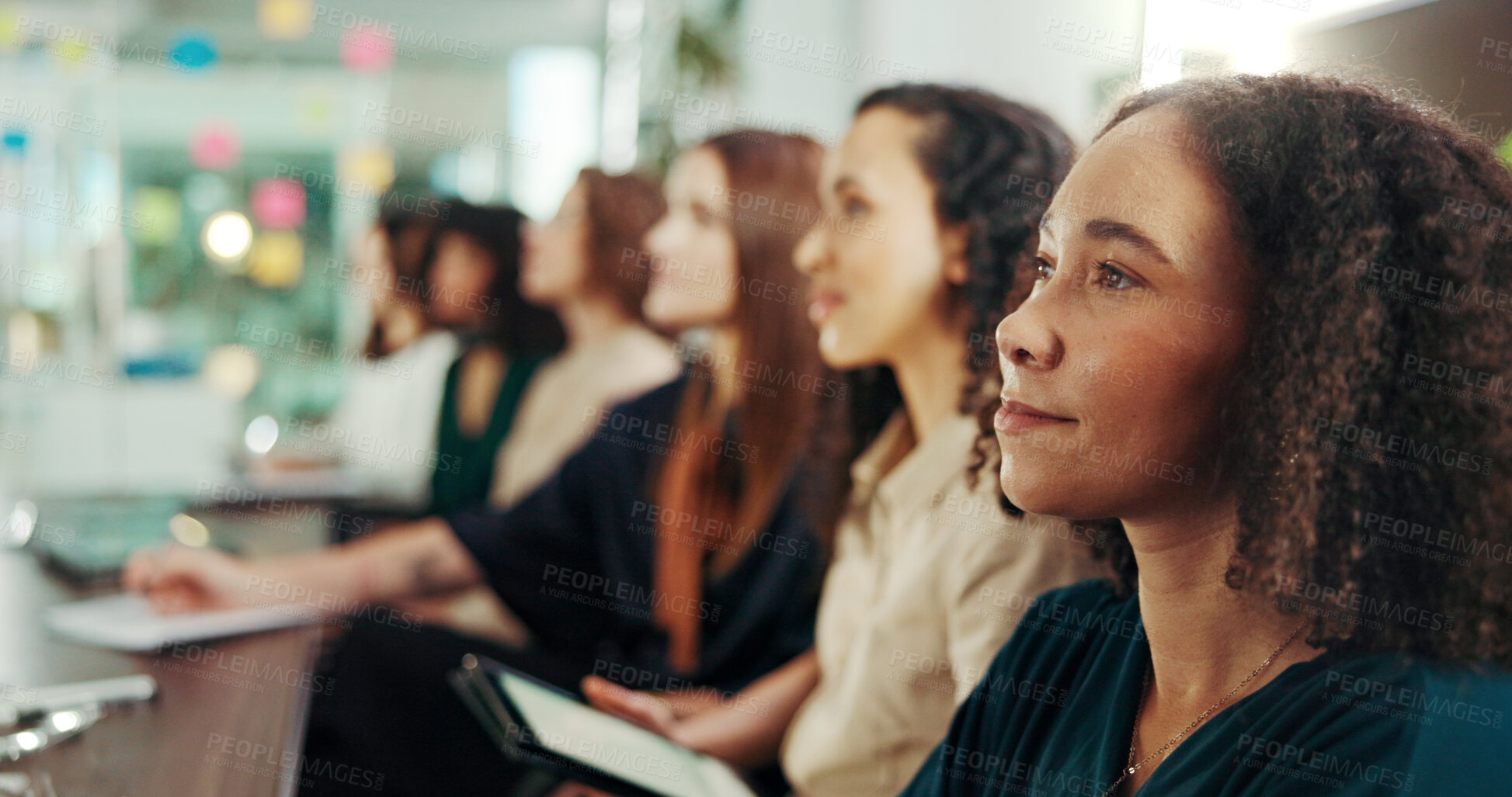 Buy stock photo Meeting, planning and conference with business people in office for seminar, teamwork and acquisition opportunity. Workshop, asset valuation and training with employees in boardroom for client