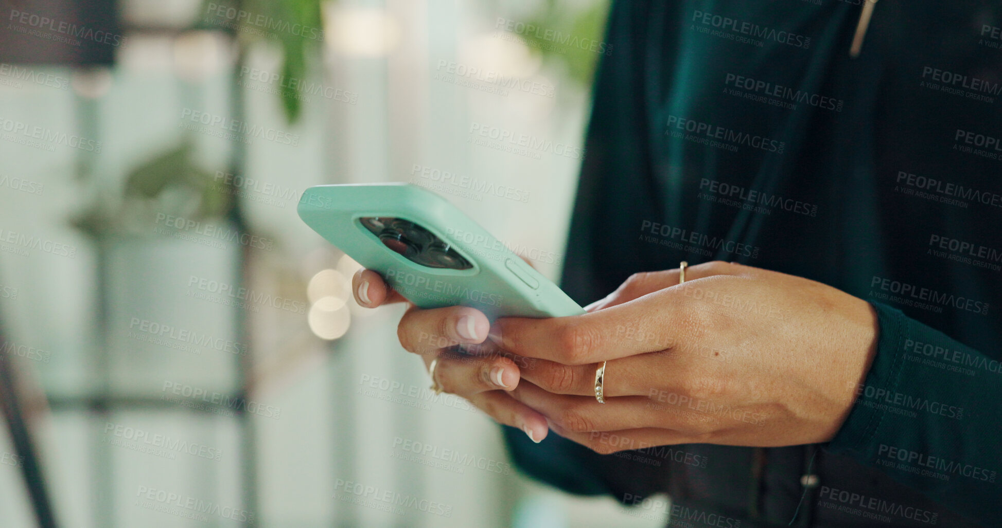 Buy stock photo Phone, scroll and hands of business woman in office for account manager, financial advisor and stock market news. Communication, app and search with closeup of person in corporate firm for update