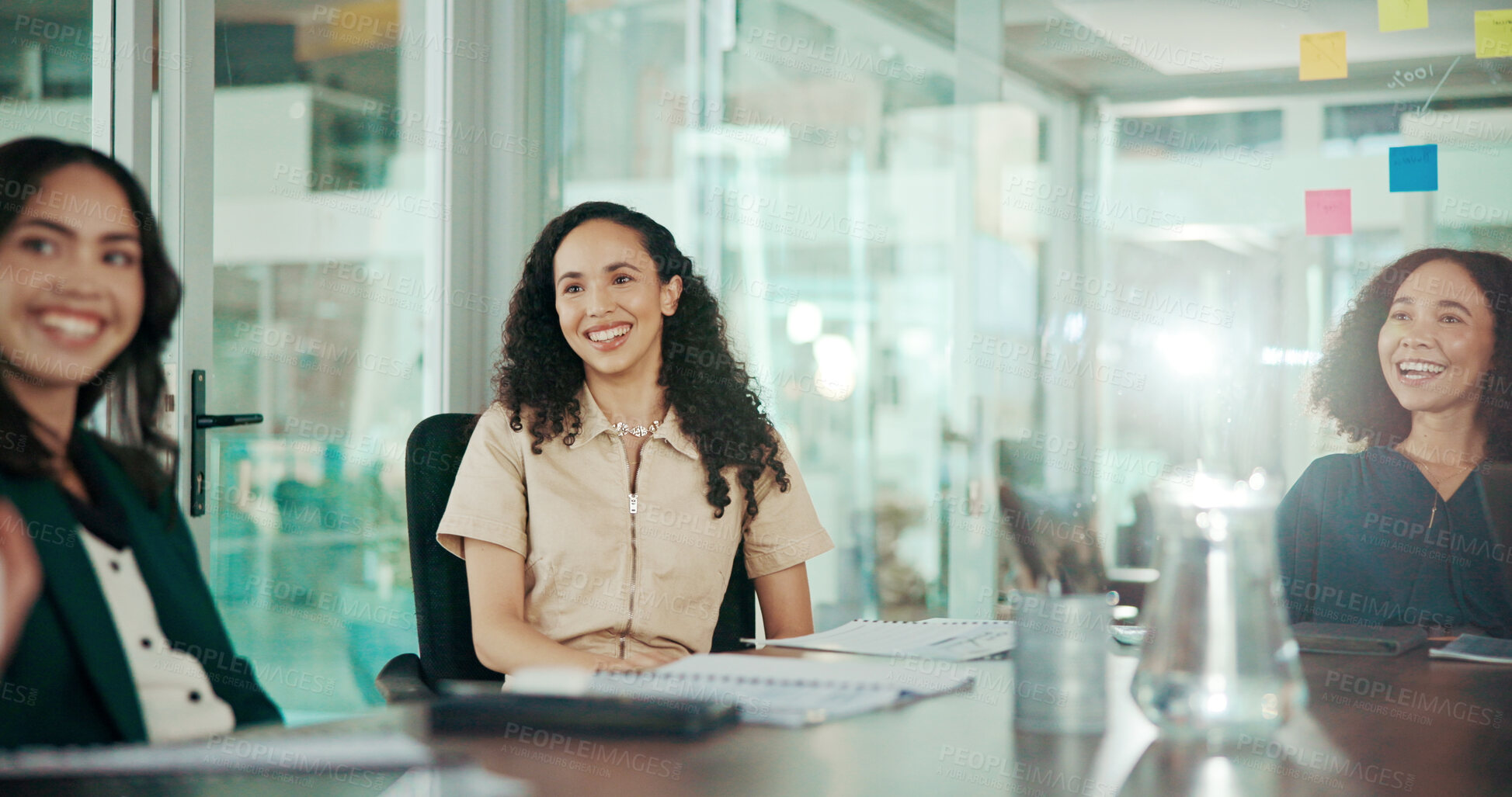 Buy stock photo Meeting, planning and laughing with business people in office for seminar, teamwork and acquisition opportunity. Workshop, asset valuation and funny joke with employees in boardroom for client