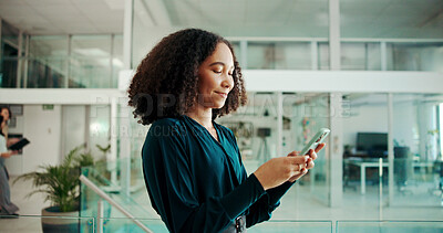 Buy stock photo Phone, smile and business woman in office for account manager, financial advisor and stock market news. Communication, online and search with person in corporate firm for update, website and app