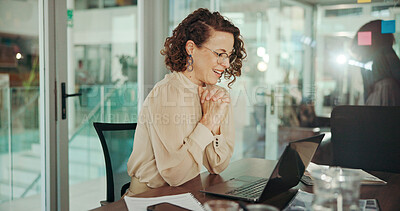 Buy stock photo Laptop, excited and waiting with business woman in office for public relations specialist, press release and hope. Communication manager, smile and report editor with person in agency for news