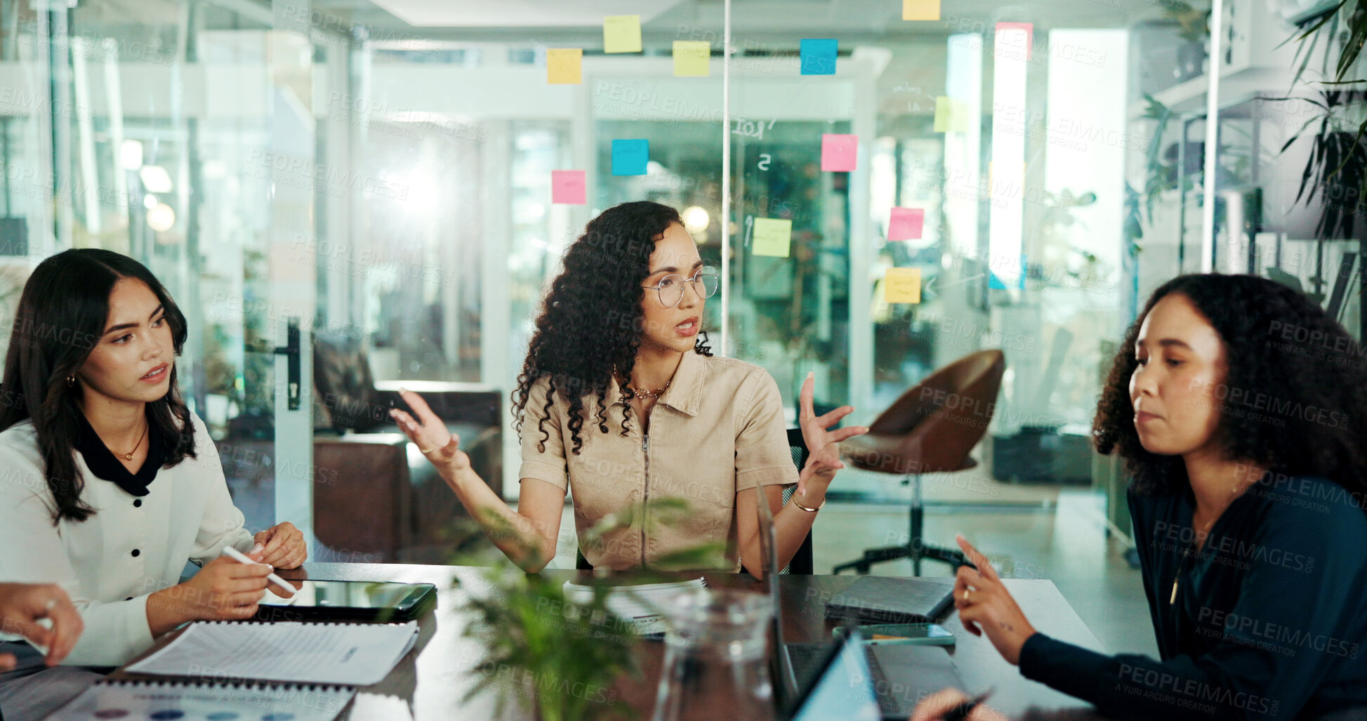 Buy stock photo Workshop, meeting and women in business for empowerment, solidarity or planning pitch ideas together. Teamwork, collaboration and female employees in office for growth, development or proposal advice