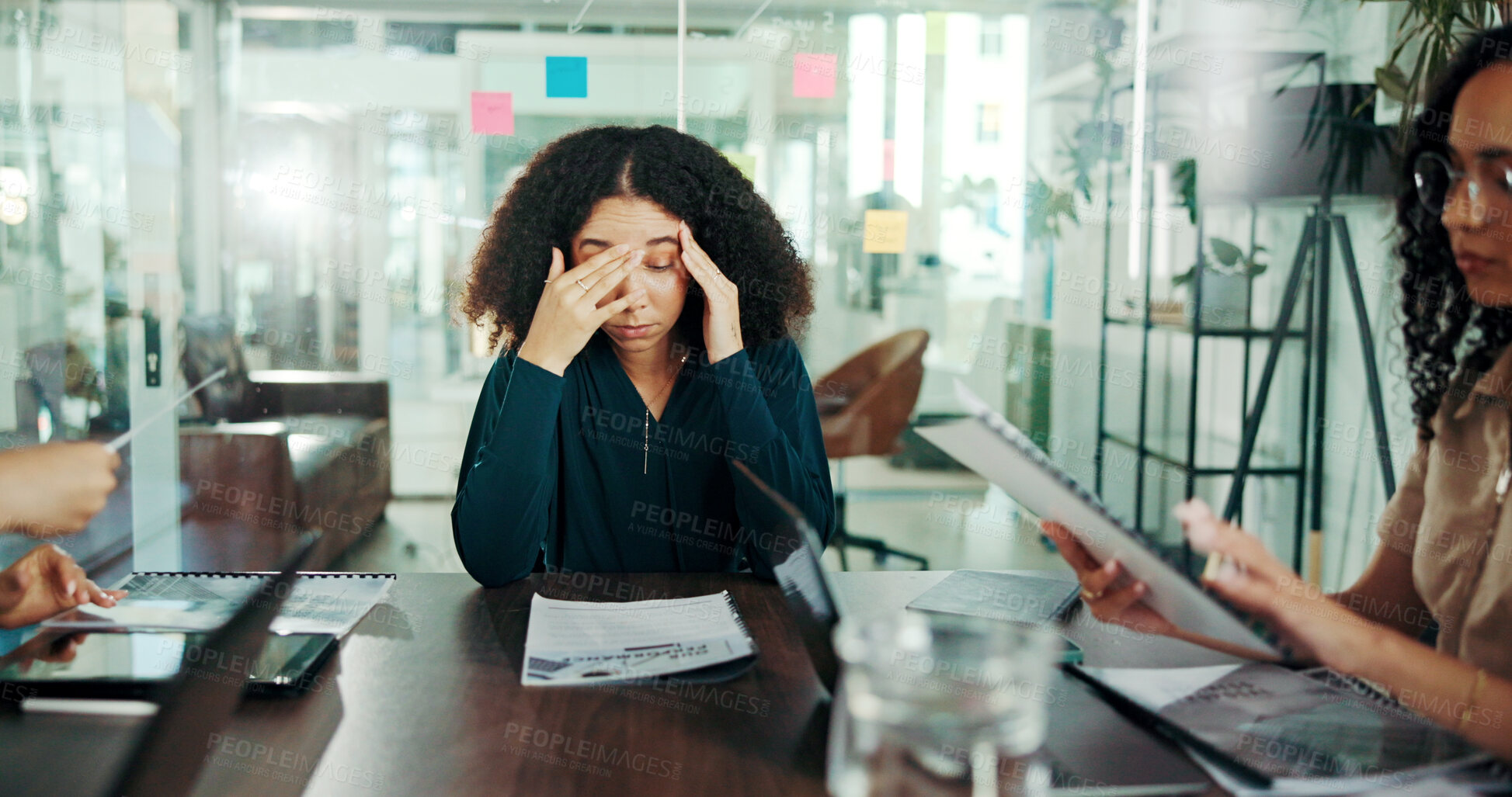 Buy stock photo Stress, overworked and tired with business woman in meeting for deadline, anxiety and frustrated. Fatigue, burnout and chaos with people in office for proposal mistake, overwhelmed and policy 