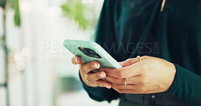 Buy stock photo Phone, website and hands of business woman in office for account manager, financial advisor and stock market news. Communication, app and search with closeup of person in corporate firm for update