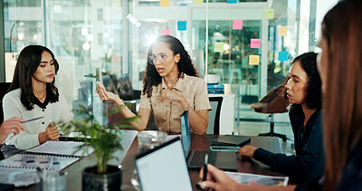 Buy stock photo Business, meeting and women in discussion for empowerment, solidarity or planning ideas together. Teamwork, collaboration and female employees in workshop for growth, development or office proposal